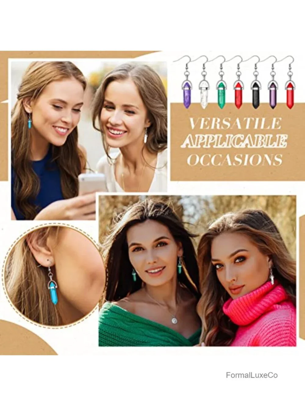 Crystal Dangle Earrings Set of 30 Multicolor Healing Stones Stainless Steel